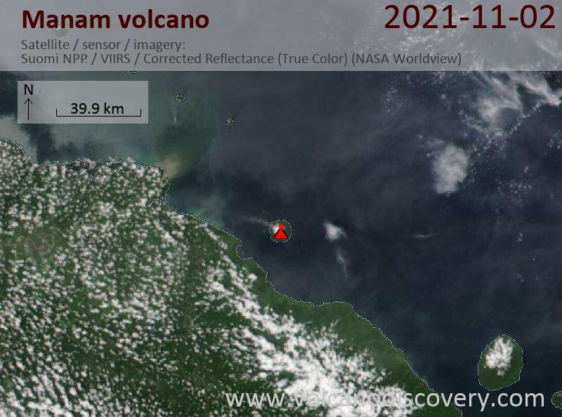 Satellite image of Manam volcano on  2 Nov 2021