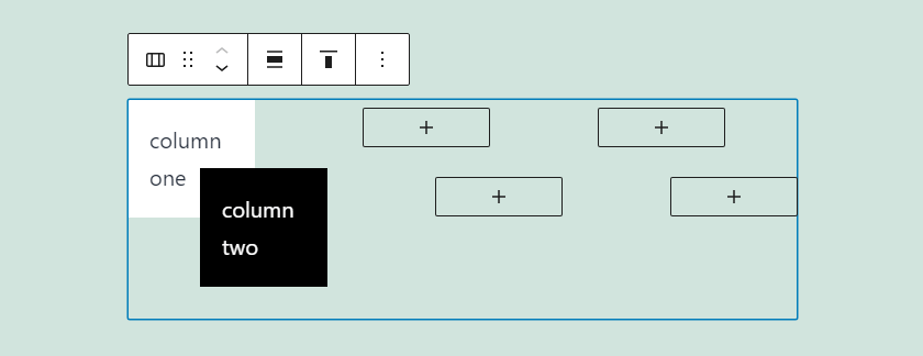 A screenshot of a columns block with the overlapping style applied. The first column has a white background. The second column has a black background and overlaps the bottom right corner of the first column.