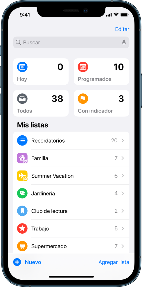 Una pantalla mostrando varias listas en Recordatorios. El campo de búsqueda está en la parte superior de las listas inteligentes de los recordatorios que vencen el día actual, los recordatorios programados, todos los recordatorios y los recordatorios que tienen indicador. El botón “Agregar lista” se encuentra en la parte inferior derecha.