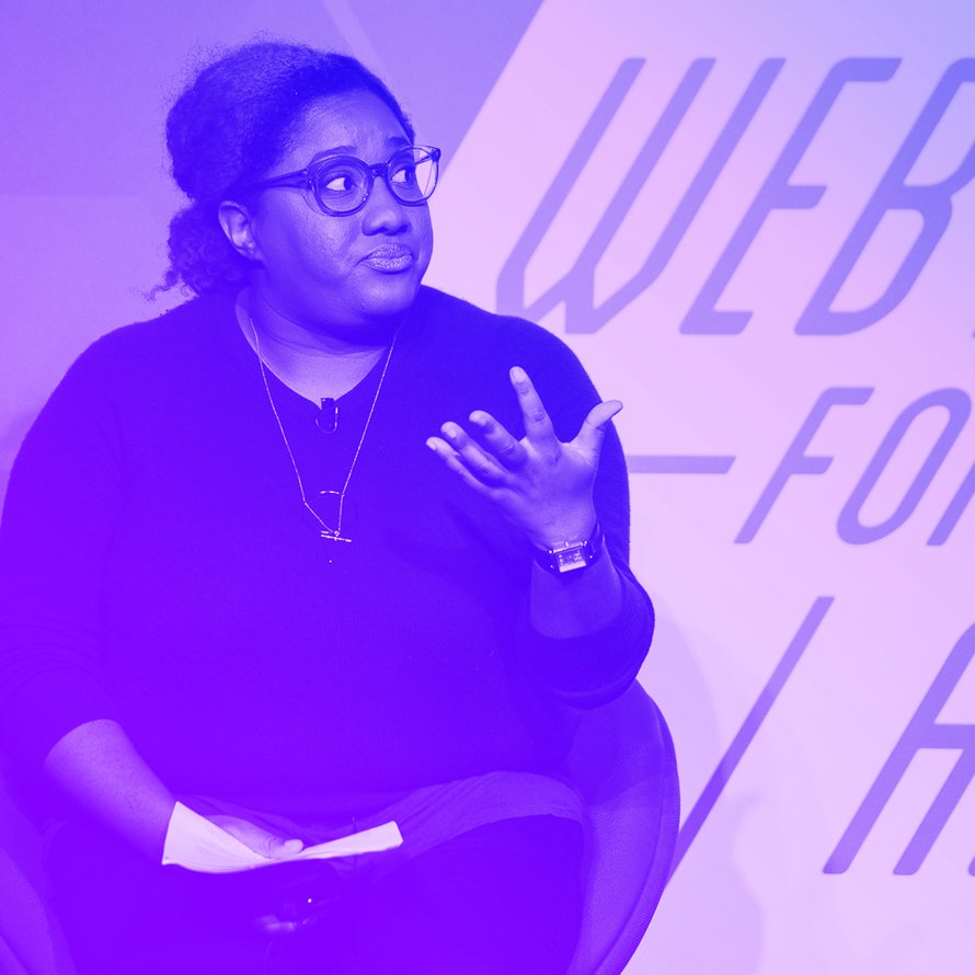 A photograph of Ashley Black, on stage at Mozilla Festival 2017