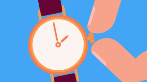 Illustration of fingers changing the time on a wristwatch.