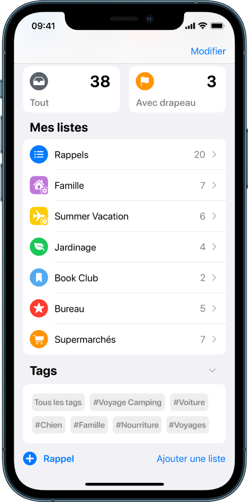 Un écran avec plusieurs listes et listes intelligentes dans Rappels. Le navigateur de tags se trouve en bas.