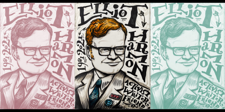 An ink illustration. The text says: "Elliot Harmon, 1981-2021, activist, writer, friend."