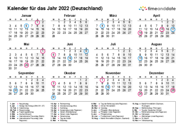 Kalender für 2022 in Deutschland