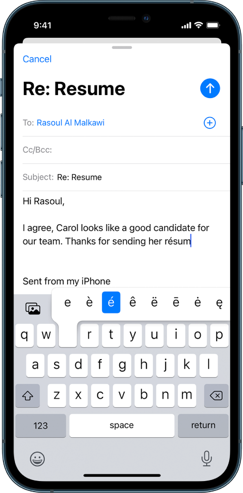 A screen showing an email being composed. The keyboard is open and showing alternate accented characters that appear when you touch and hold the E key.