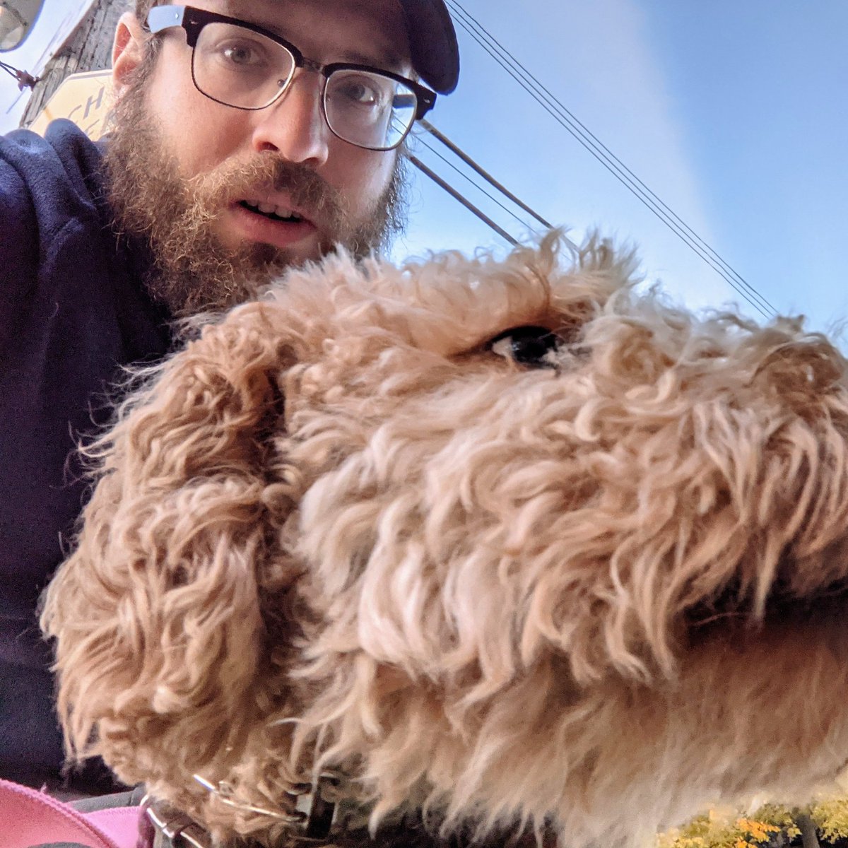 Selfie with my dog, and the blue sky.