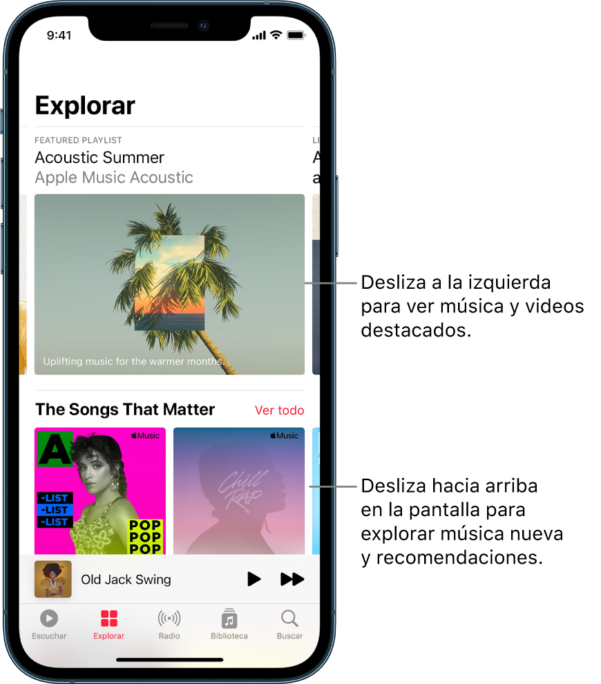 La pantalla Explorar mostrando una plyslits destacada en la parte superior. Puedes deslizar hacia la izquierda para ver más música y videos destacados. La sección “Canciones importantes” aparece debajo con dos estaciones de Apple Music. El botón “Ver todo” se muestra a la derecha. Puedes deslizar hacia arriba en la pantalla para explorar música nueva y recomendada.