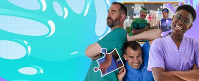 Doctors Ronx, Chris and Xand pose in front of lots of gooey splats in this jigsaw game.