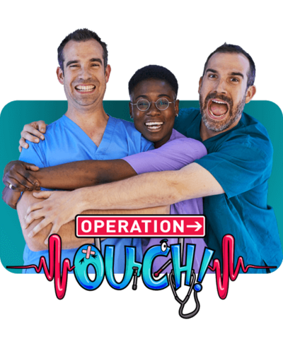 Three doctors in different colour scrubs hugging each other, Dr Chris, Dr Xand and Dr Ronx from Operation Ouch.