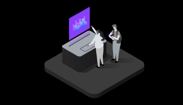 isometric data illustration with two characters on a computer
