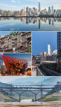 Clockwise from top: Yuzhong District skyline, Chongqing Rail Transit Line 2 running along Jialing River, bridges under construction in Fengdu County, Chongqing Art Museum