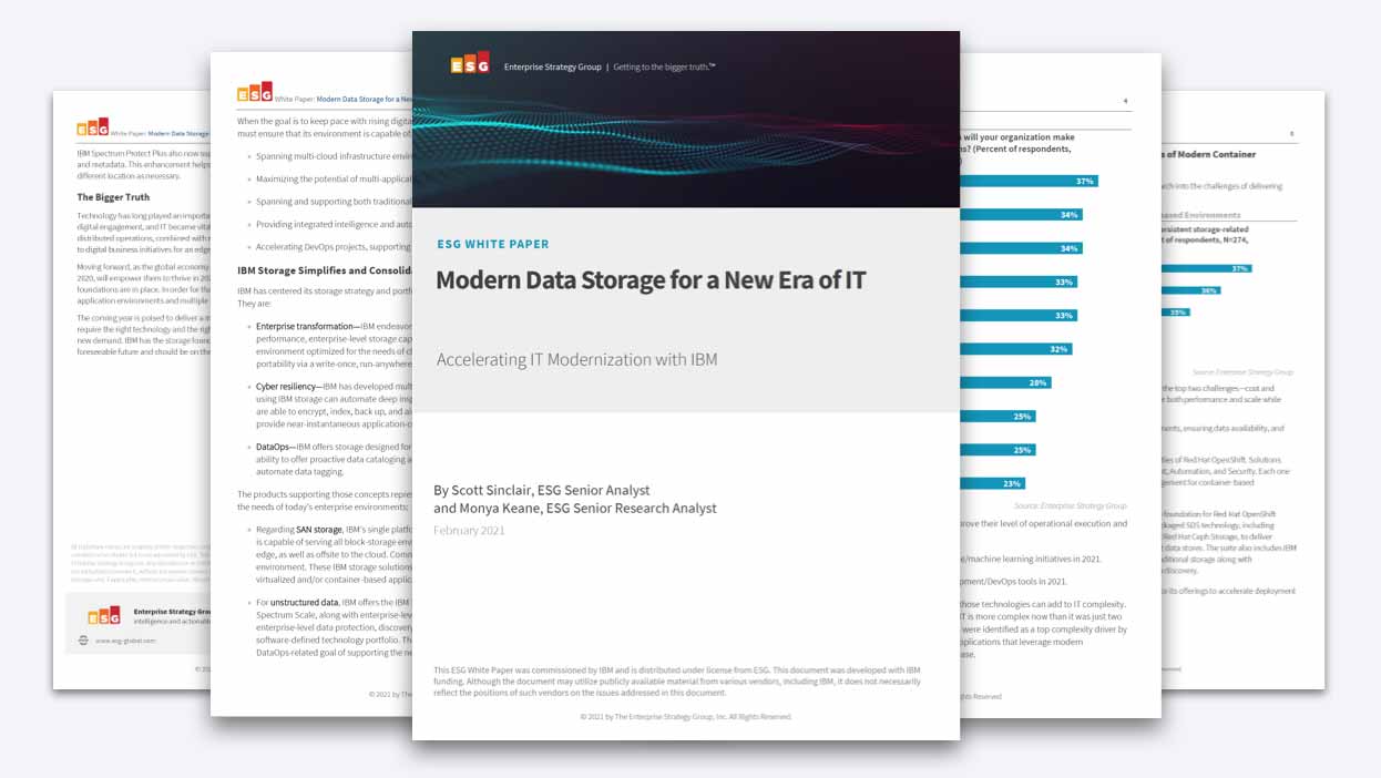 Several pages from the ESG white paper, "Modern Data Storage for a New Era of IT."