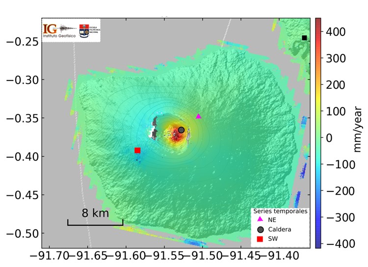 Ground deformation data during Feb 20-Oct 21, yellow-to-red color indicates inflation in the NE area while blue color shows deflation in the W-SW slopes (image: IGEPN)