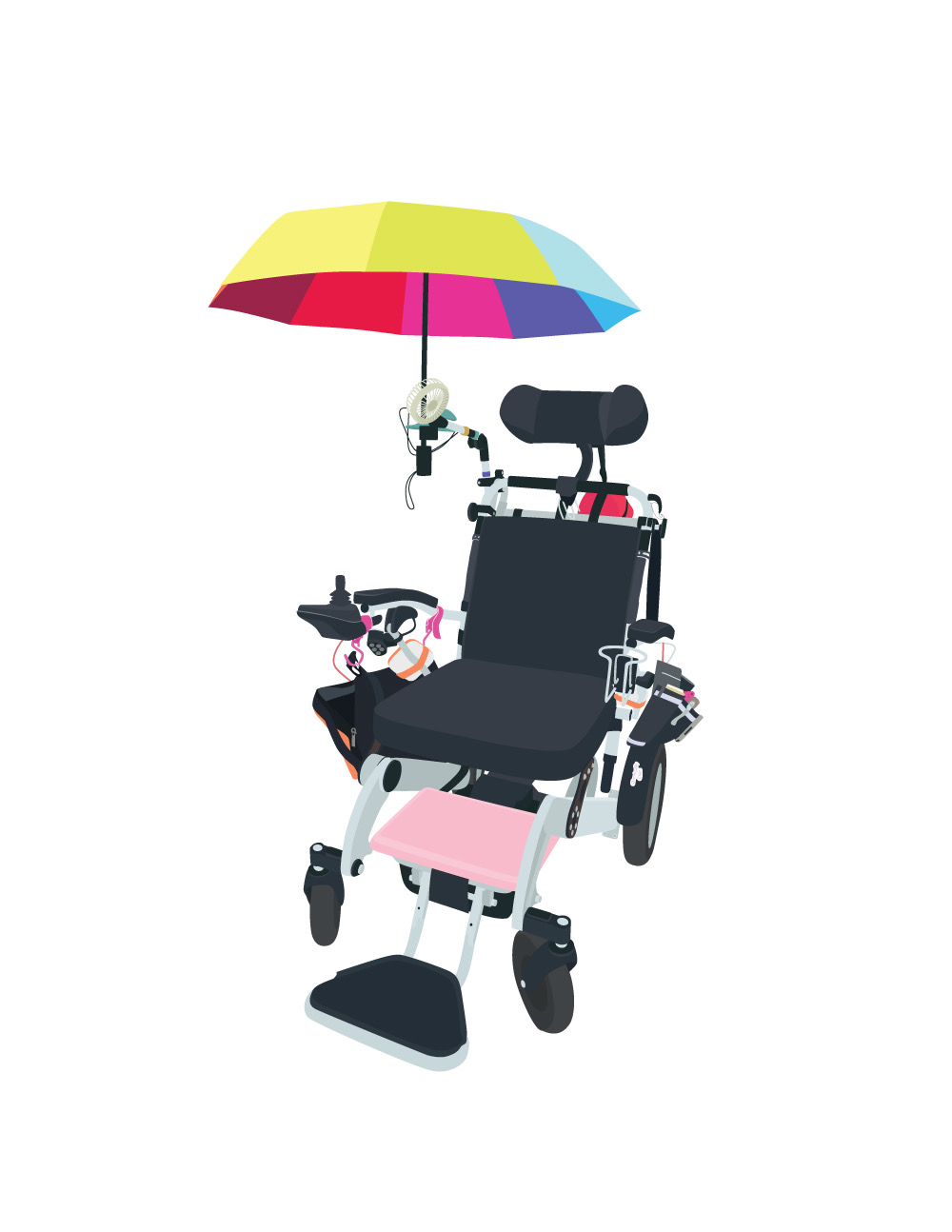 Power wheelchair with rainbow umbrella