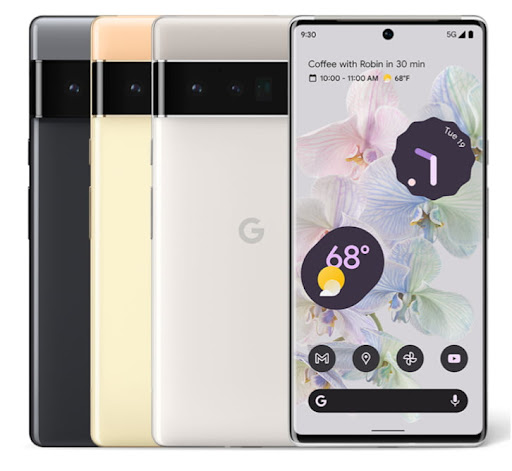 An image of the front and back sides of a Google Pixel 6 phone.
