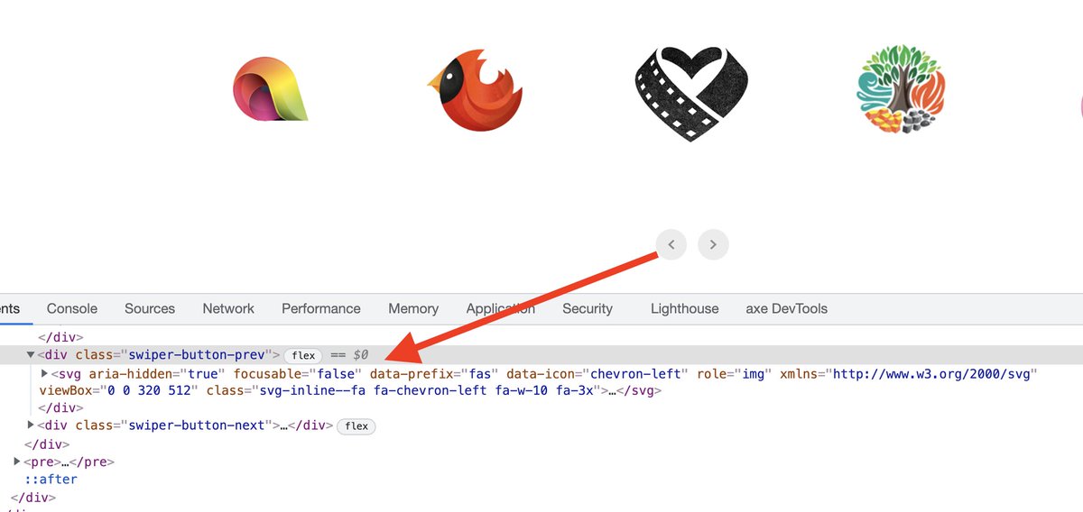 Chrome dev tools open on a website showing an image carousel with inaccessible previous and next buttons. There is an arrow pointing at the code for the button which is built with a div containing an SVG that has been hidden from screen readers with aria-hidden="true".