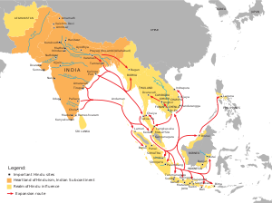 Historiese verspreiding van Hindoeïsme van Indië na Suidoos-Asië.