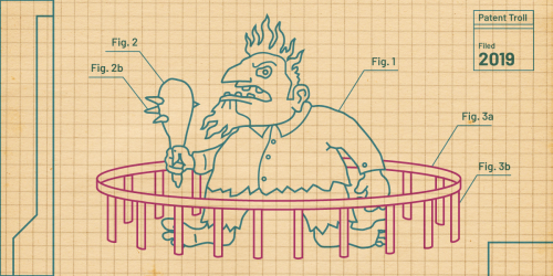 A line drawing on graph paper depicting a troll encaged in a low cage from which escape would be easy.