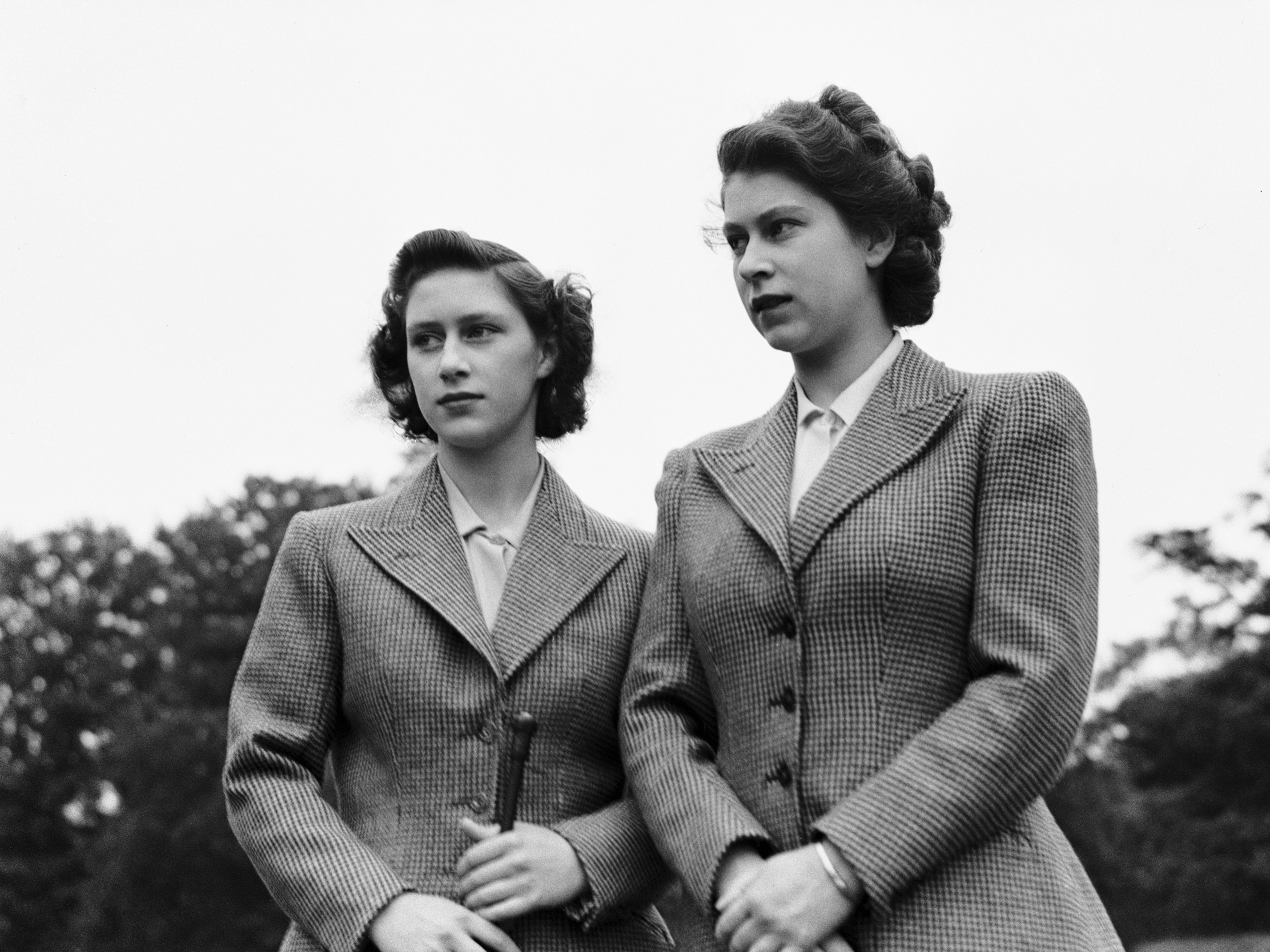 Princess Elizabeth and her sister Princess Margaret  wearing riding habits at the Royal Lodge Windsor UK 8th July 1946.