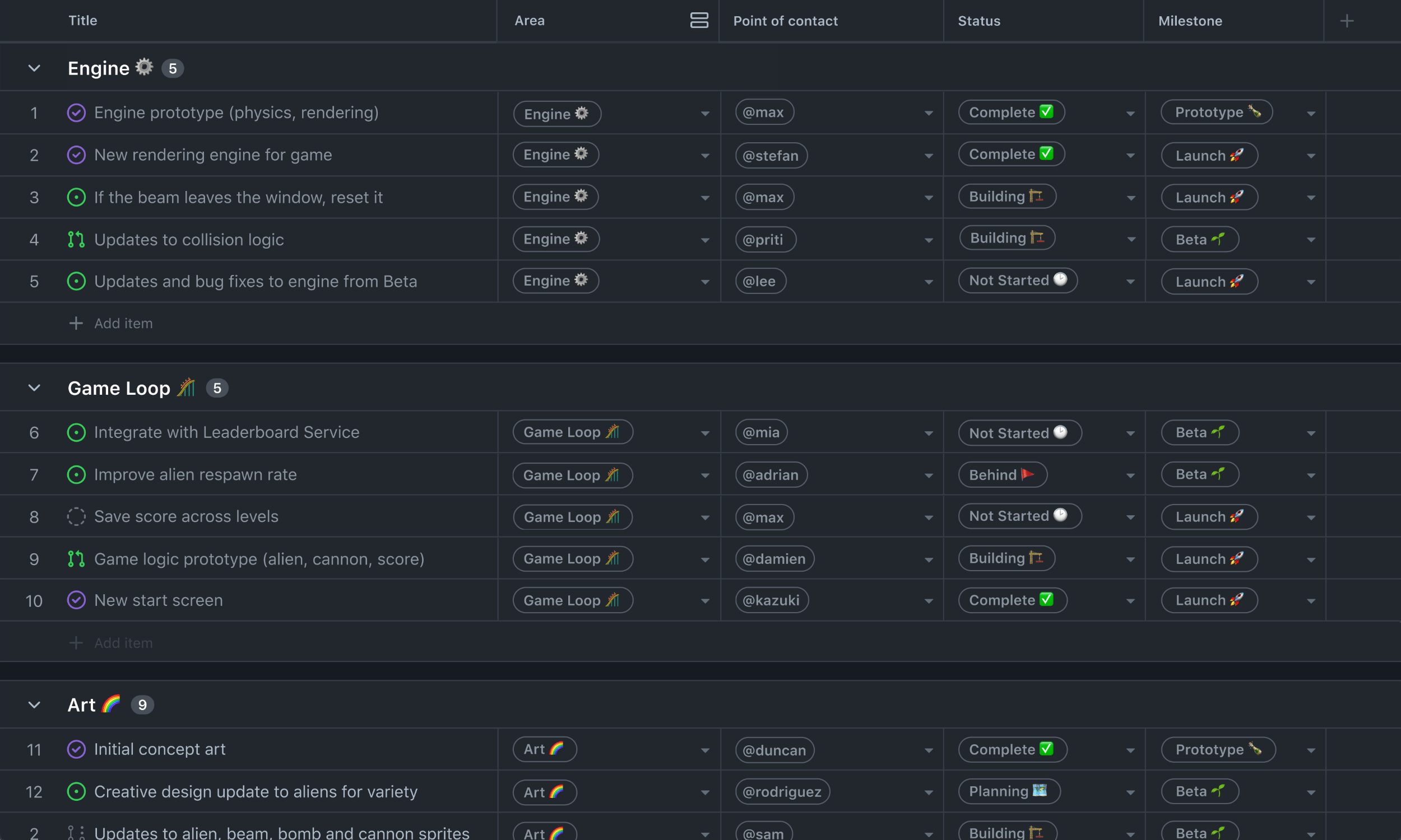 Illustration of project table view with cards grouped sorted by devleopment 'Area' custom field.