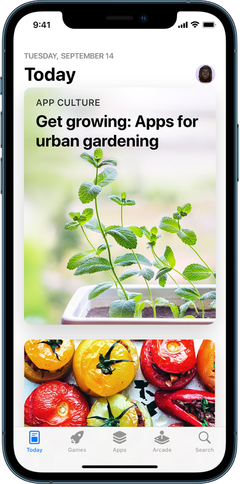 Η οθόνη «Σήμερα» του App Store που εμφανίζει μια προτεινόμενη ιστορία και μια εφαρμογή. Η εικόνα προφίλ σας βρίσκεται πάνω δεξιά. Κατά μήκος του κάτω μέρους, από αριστερά προς τα δεξιά, εμφανίζονται οι καρτέλες: Σήμερα, Παιχνίδια, Εφαρμογές, Arcade και Αναζήτηση.