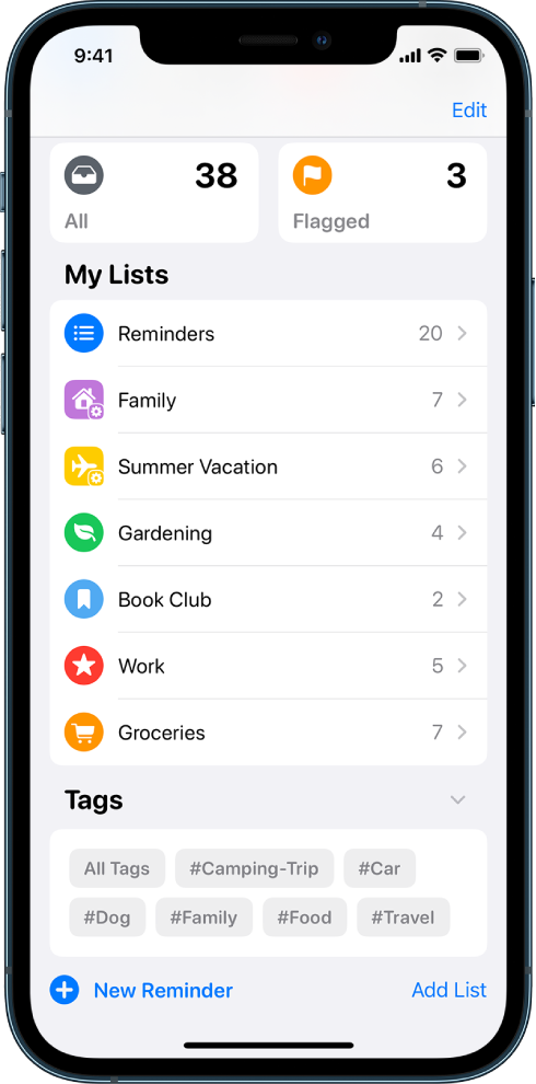 A screen showing several lists and Smart Lists in Reminders. The Tag Browser is at the bottom.