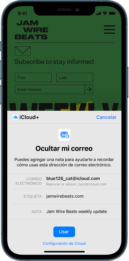 La mitad inferior de la pantalla muestra la opción “Ocultar mi correo” de iCloud+, que muestra el correo electrónico generado de forma aleatoria, una dirección para reenviar el correo, una etiqueta y una nota. En la parte inferior de la pantalla está el botón Usar y un enlace que lleva a la configuración de iCloud.