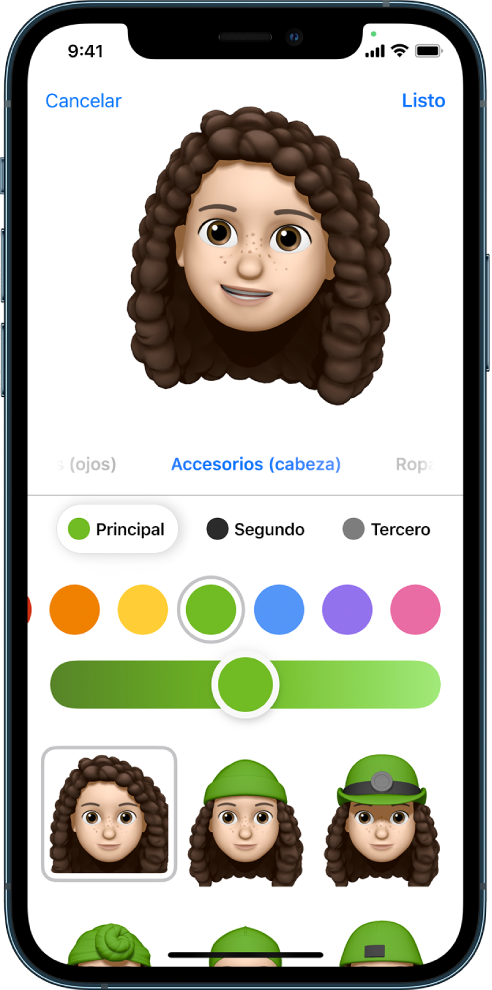 La pantalla para crear un Memoji mostrando la creación del personaje en la parte superior, las características personalizables debajo del personaje, y las opciones de la característica seleccionada en la parte inferior. El botón Listo se encuentra en la esquina superior derecha y el botón Cancelar está en la esquina superior izquierda.