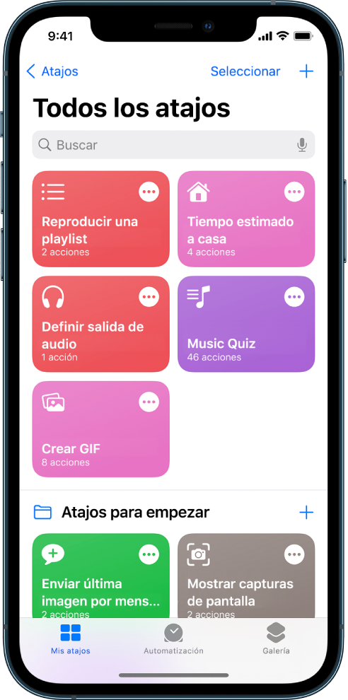 La pestaña “Mis atajos”. Una lista de atajos para completar tareas comunes como establecer un temporizador para el té y buscar restaurantes de sushi. En la parte inferior se encuentran las pestañas Galería y Automatización.
