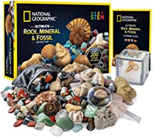 NATIONAL GEOGRAPHIC Rocks & Fossils Kit – 200+ Piece Set Includes Geodes, Real Fossils, Rose Quartz, Jasper, Aventurine...