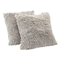 Amazon Basics Shaggy Long Fur Faux Fur Throw Pillow Covers, 18"x18", Pack of 2 - Taupe