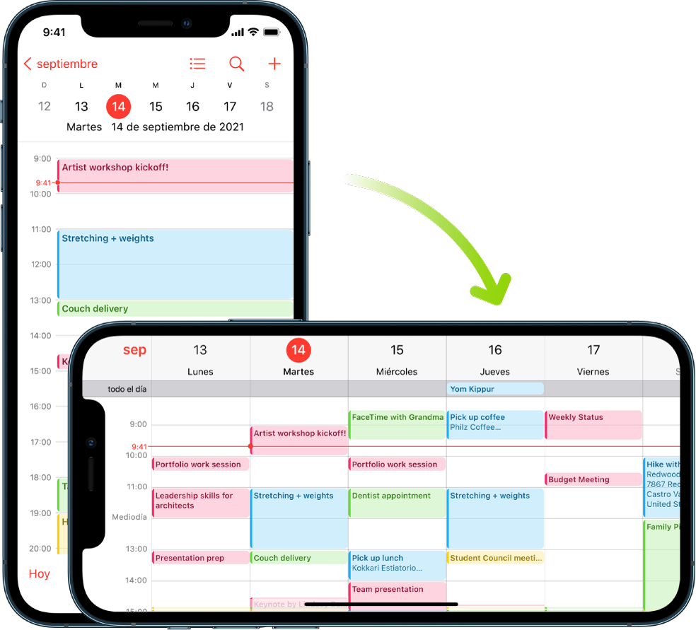 En el fondo, el iPhone muestra la pantalla de Calendario con los eventos de un día en modo vertical; primer plano el iPhone está en modo horizontal y muestra los eventos de Calendario de toda la semana del mismo día.