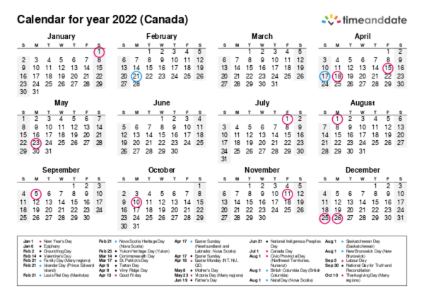 Calendar for 2022 in Canada