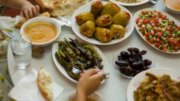 Feast of food at a table.