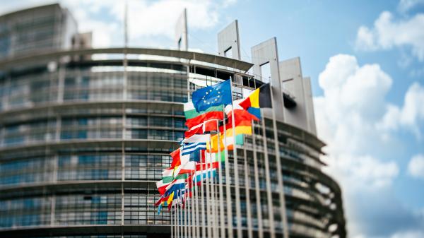 Flags in front of the European Parliament in Strasbourg, France.