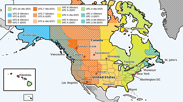 A map of time zones and DST in the US and Canada.