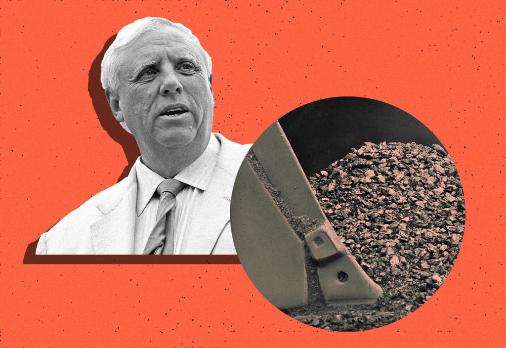 Governor of West Virginia Jim Justice alongside a photo of coal