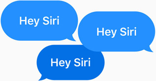 Three blue speech bubbles all say “Hey Siri”.