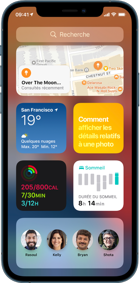 Le widget Plans et d’autres widgets sur un écran d’iPhone.