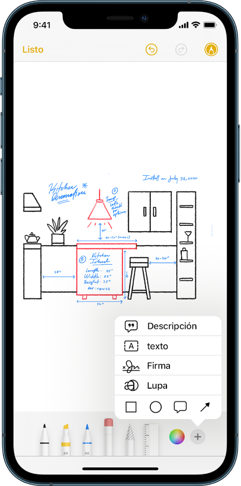 Un dibujo de la remodelación de una cocina que se muestra con las herramientas de Marcado en la parte inferior de la pantalla. En la esquina inferior derecha aparece un menú con opciones para agregar texto, una descripción, una firma, una lupa o figuras.