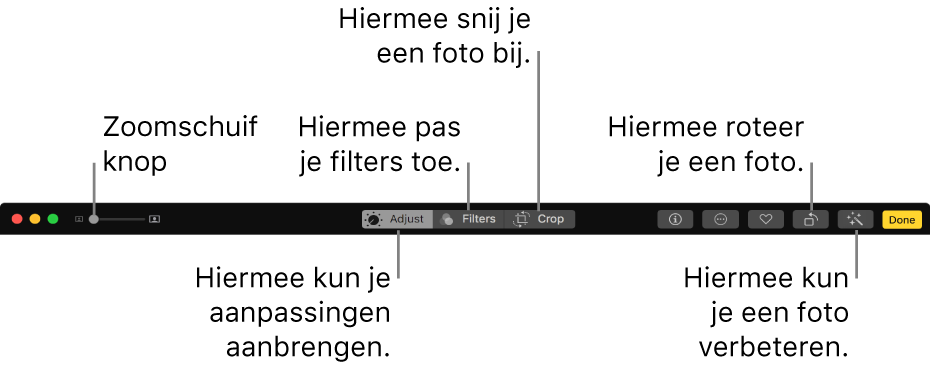 De knoppenbalk 'Bewerk' met een zoomschuifknop en knoppen waarmee je aanpassingen aanbrengt, filters toevoegt en foto's bijsnijdt, roteert en verbetert.