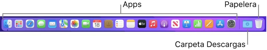 Dock que muestra iconos de apps, la pila Descargas y la Papelera.