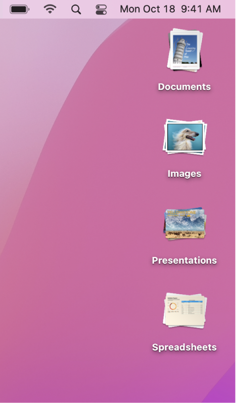 Un escritorio del Mac con cuatro pilas (para documentos, imágenes, presentaciones y hojas de cálculo) a lo largo del extremo derecho de la pantalla.