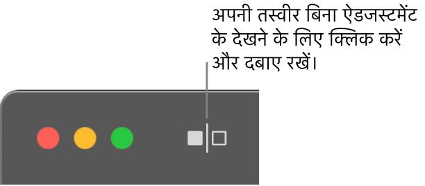 ऐडजस्टमेंट के बिना बटन, विंडो में ऊपरी बायें कोने में विंडो नियंत्रण के आगे है।