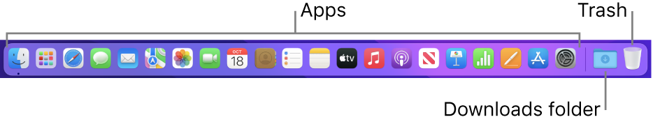 The Dock showing icons for apps, the Downloads stack, and the Trash.