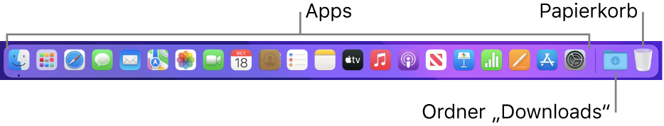 Das Dock mit Symbolen für Apps, dem Stapel „Downloads“ und dem Papierkorb