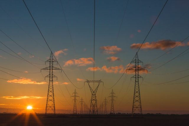 Pylons, sunset, electricity lines, energy