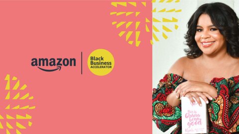 An image with a pink and yellow illustration on one side of it, and an image of a woman smiling while holding a bag of coffee from the coffee company she owns. The side with the graphic shows to logos: One for Amazon and the other for the Black Business Accelerator. 