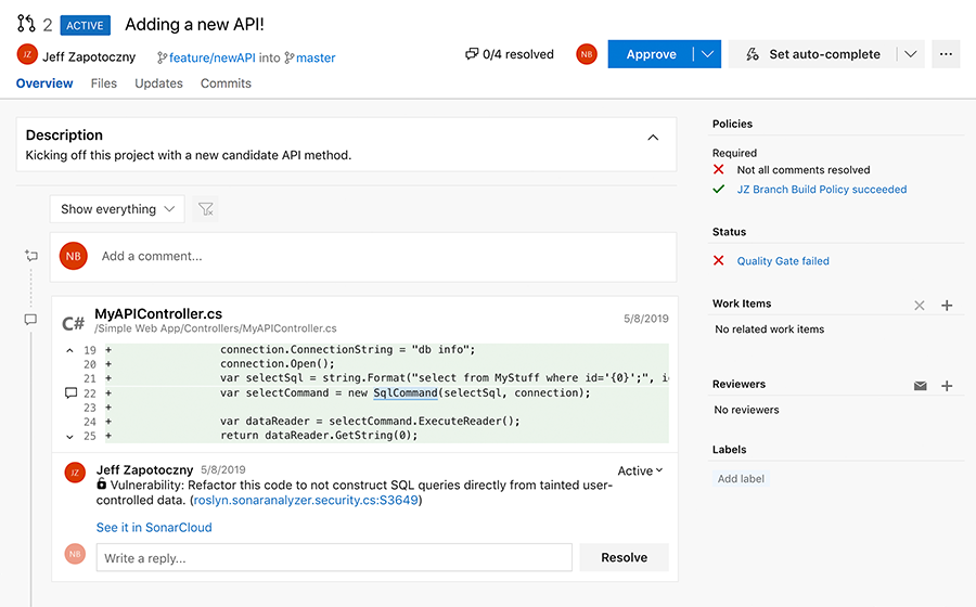 Pull request analysis available in Azure DevOps