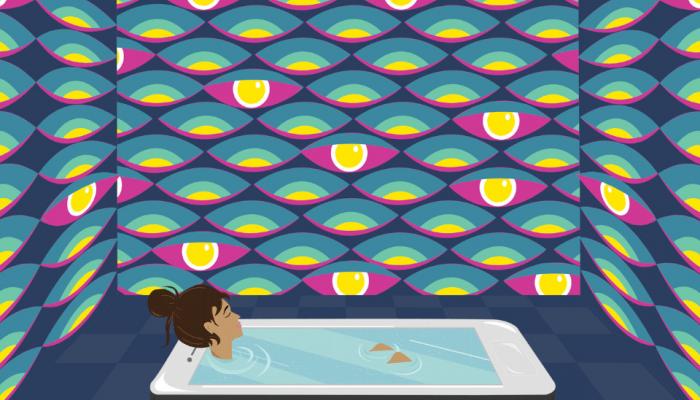 a woman immersed in her mobile phone as in a bath, is being watched by unperceived eyes